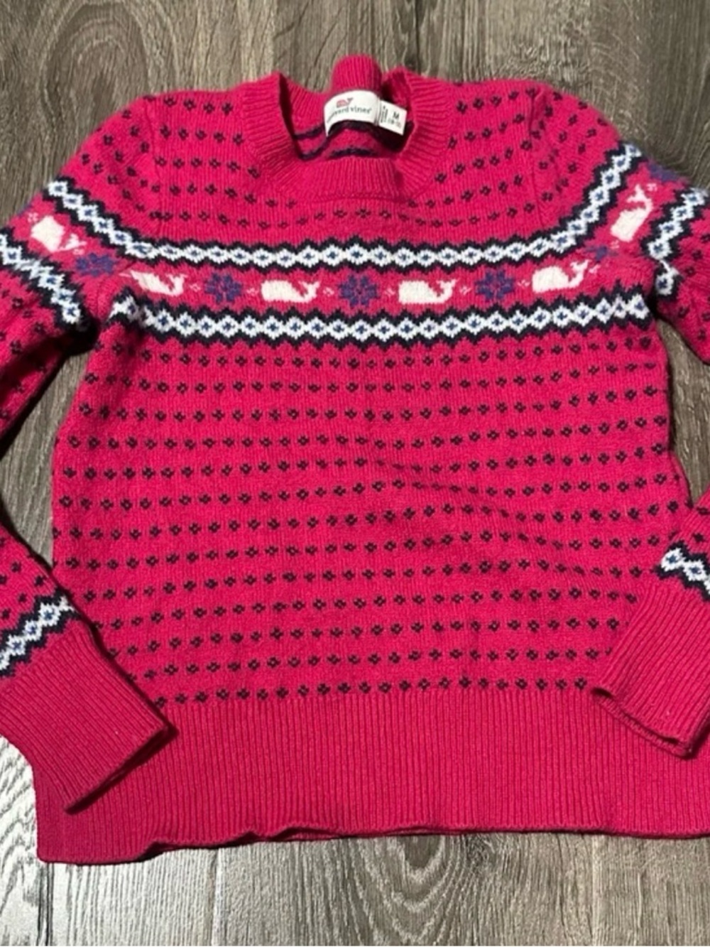 Vineyard Vines Girls' Hot Pink Fair Isle Sweater with Navy & White Accents